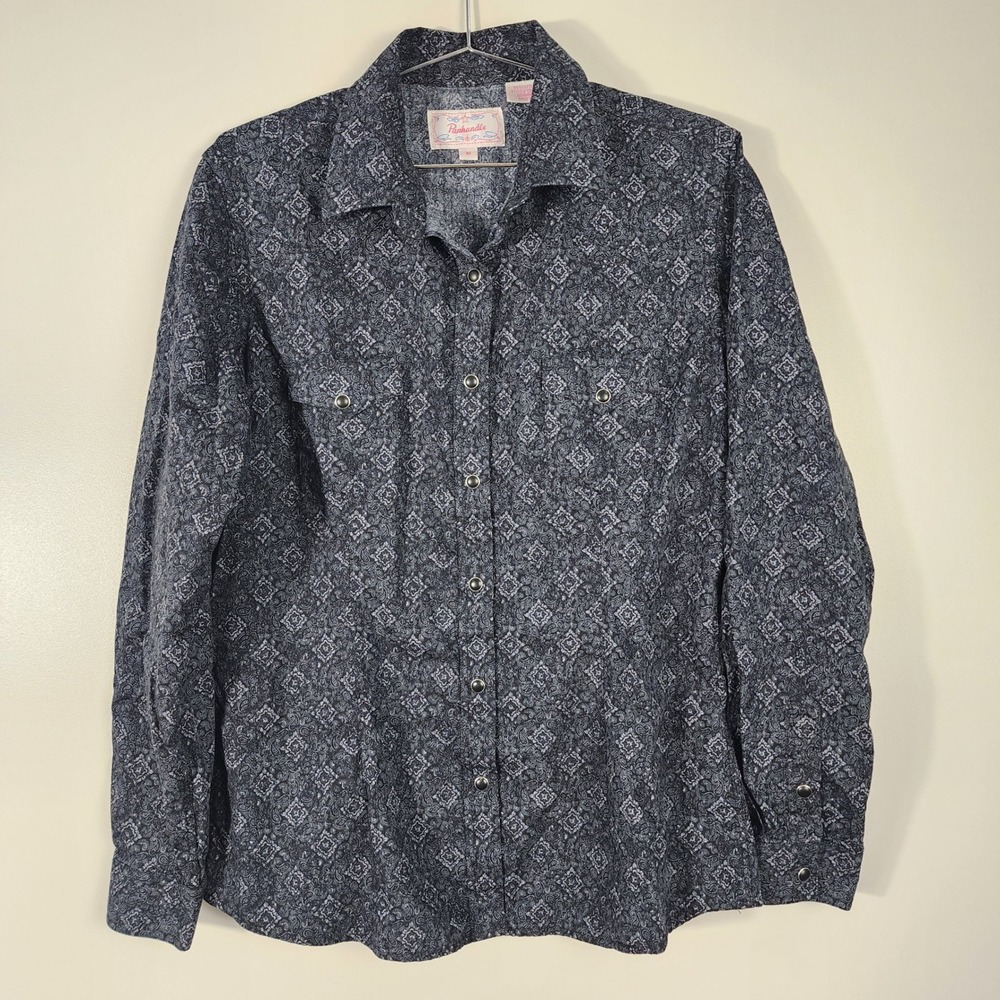 Panhandle Western Snap Shirt Mens Medium Navy Paisley Cowboy Rodeo Slim